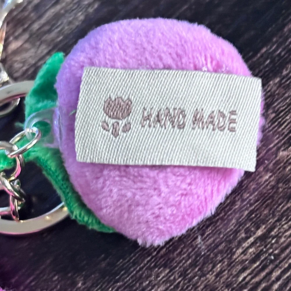 Handmade Pink Strawberry and Flower Plush Keychain with Bell Gold Tone Hardware